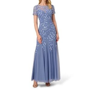 Adrianna Papell French Blue Short Sleeved Gown with Godet Skirt-Sz 12